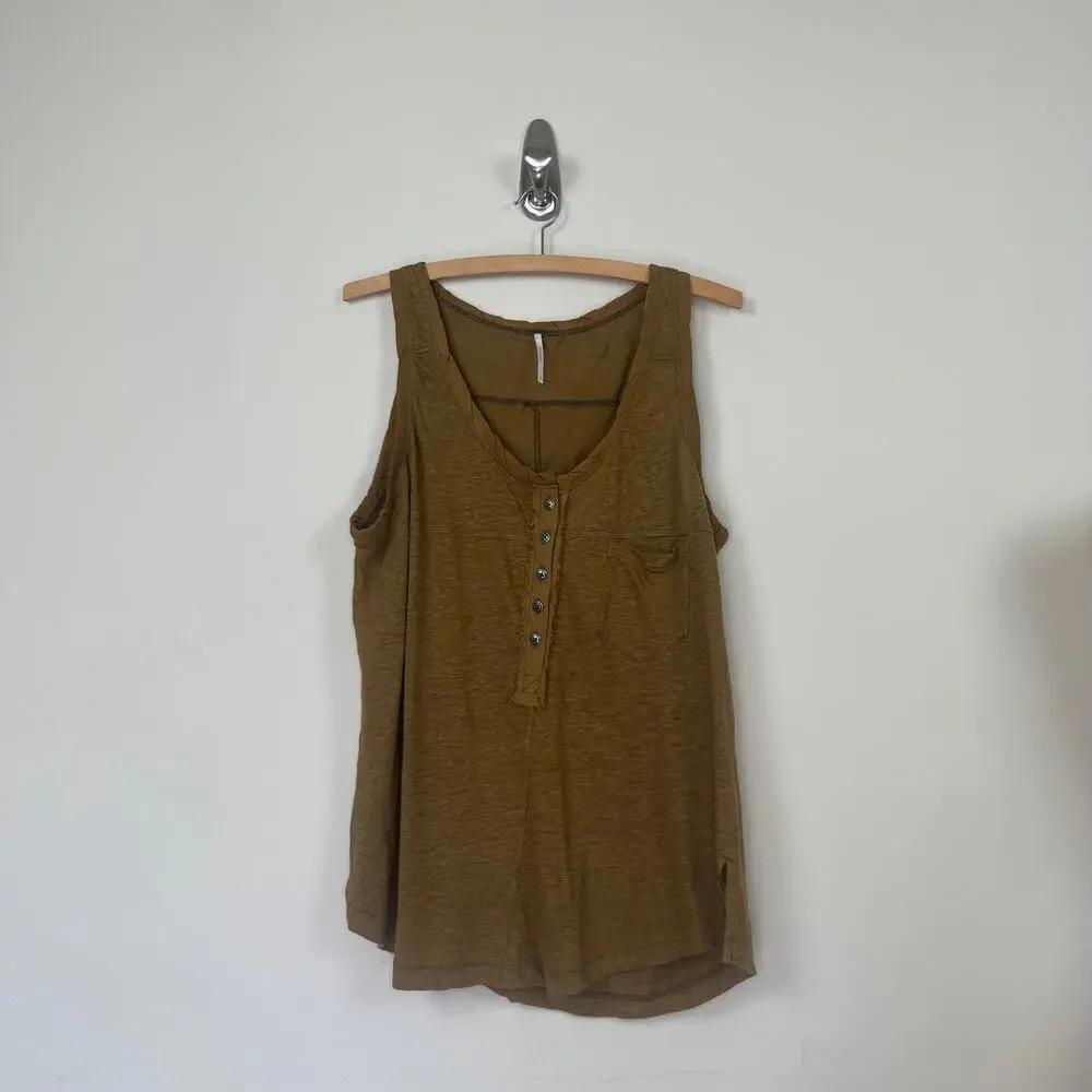 Free People traveler tank top moss green Henley linen sleeveless buttons size s